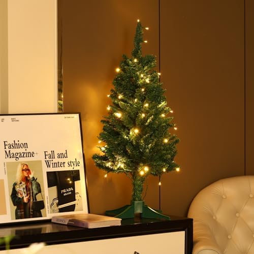 4FT Christmas Tree with Lights - Hinged Small Artificial Xmas Tree - Includes 50 LED String Light, 160 Tips Dense Branches & Detachable Stand - Mini Christmas Decoration Tree for Holiday,Green