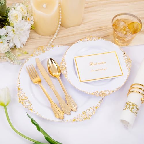 Hioasis 210 Pcs White Gold Plates for Party
