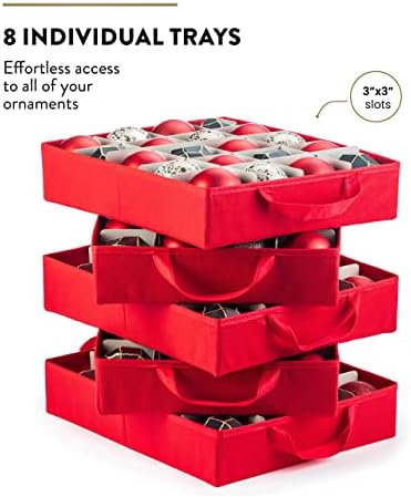 ZOBER Christmas Ornament Storage Box - Stores 200 3" Ornaments with Individual Trays - Tear Proof 600D Oxford Fabric - ornament organizer storage box (Red, 200-3" Ornaments)
