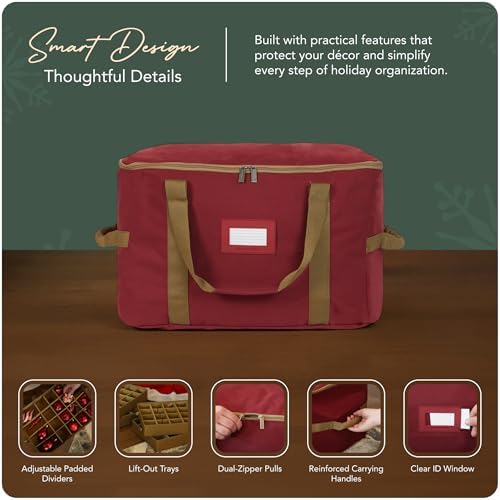 Covermates Keepsakes Adjustable Ornament Storage Bag – Heavy-Duty Polyester, Padded Dividers & FlexGrid Trays – Protective Holiday Ornament Organizer with Handles & Label Window, Red