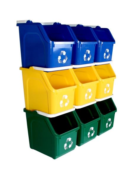 Multi Bin Recycling System with Three Stackable 6 Gallon Recycle Bins for Kitchen Use – Recycling Trash Can Set for Office, Garage, Businesses (9 Pack, Blue/Yellow/Green)