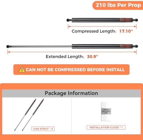 6212S10 30 inch Gas Strut 210 lbs 934 N Shocks, 30" Prop Spring for Tonneau Cover Truck Undercover Pickup Heavy Truck Bed Lid Queen Size Mattress Overhead Door Lift Support
