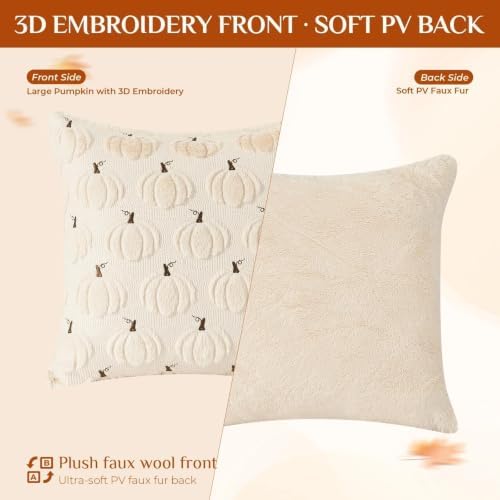 Fall Beige Pillow Covers 18x18 Set of 2 Double-Sided Pumpkin Plush
