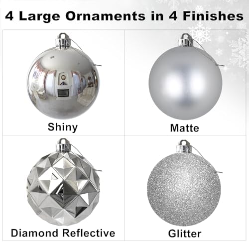Silver 4.0" Large Christmas Balls - Christmas Tree Decoration Ornaments Shatterproof Hanging Balls for Birthday Halloween Holiday Wedding Decorations Set of 4pcs