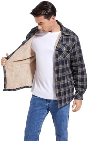 Men's Sherpa Cotton Flannel Shirt Jacket Plaid Button Coat Pocket
