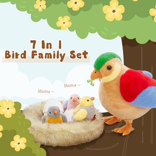 MorisMos Bird Stuffed Animals with Baby Birds, Eggs and Nest, Colorful