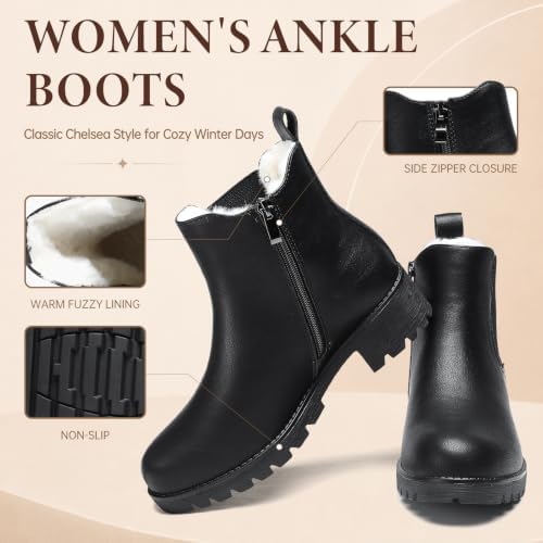 Chelsea Boots Women Winter Boots Fur Lined Chunky Lug Sole Ankle Booties