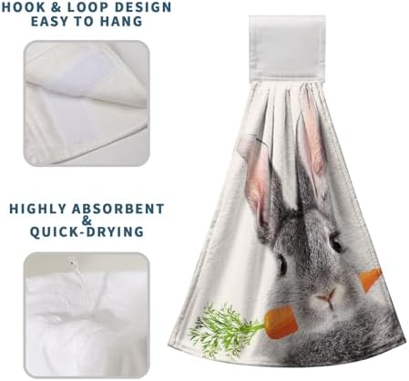Easter Bunny Hanging Kitchen Towels Spring Easter Grey Rabbit Hand Towels with Hanging Loops Super Absorbent Soft Kitchen Tie Towel Fast Drying Bath Hand Towel for Bathroom Kitchen Set of 2