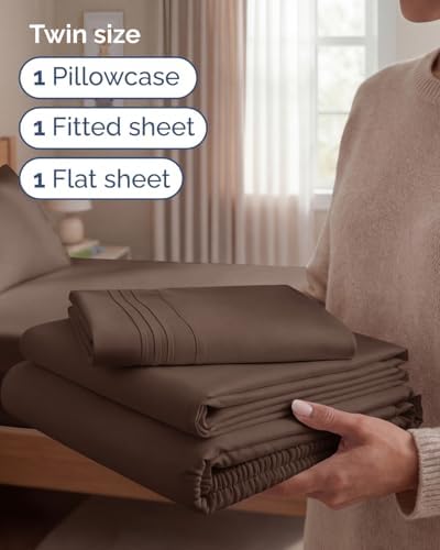 Twin Size 3 Piece Sheet Set - Comfy Breathable & Cooling Sheets - Brown