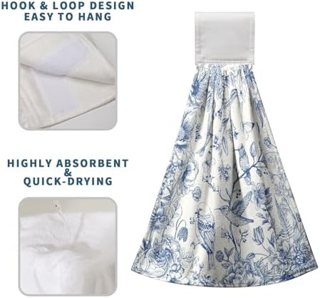 Blue Floral Bird Hanging Kitchen Towels Chinoiserie Vintage Flower Spring Summer Hand Towel with Loop Blue White Kitchen Tie Towels Dish Towel Set of 2 Soft Absorbent Hanging Bath Towel for Bathroom