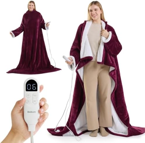 Bedsure Wearable Heated Blanket with Foot Pocket & Sleeves, 50x71+18", Red