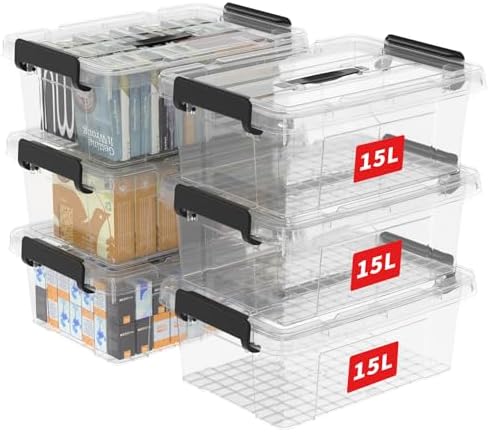 Cetomo Lidded Storage Bin with Handle, Storage Bins with Lid, Organizing Container with Secure Latching Buckles, Stackable and Nestable, Plastic, 18 Quart-6 Pack, Clear