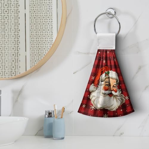 Santa Claus Christmas Hanging Hand Towels Set of 2 Red Black Buffalo Plaid Xmas Kitchen Towels with Hanging Loop Winter Holiday Oven Stove Dish Cloth Soft Absorbent Bath Tie Towel for Bathroom Decor