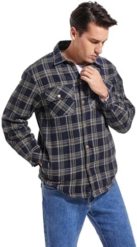 Men's Sherpa Cotton Flannel Shirt Jacket Plaid Button Coat Pocket