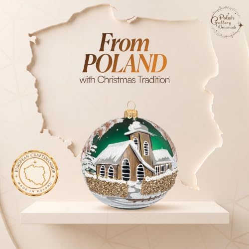Polish Hand Blown Glass Christmas Ornaments Ball, Chapel Green 5 in
