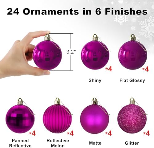 Fuchsia 3.2" Large Christmas Balls - Christmas Tree Decoration Ornaments Shatterproof Hanging Balls for Birthday Halloween Holiday Wedding Decorations Set of 24pcs