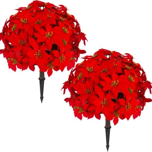 Daynight 2Pcs Artificial Poinsettia Plants with Stakes Outdoor, 24 Inch Red
