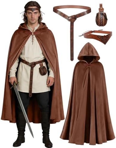 kasahara Renaissance Hooded Cloak Medieval Costume Accessories for Men Women Halloween Costume Cape Belt Pouch Bracers