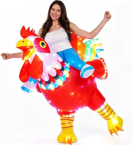 Inflatable Rooster Costume with LED Lights, Blow Up Full Body Chicken Costume for Adults, Funny Light Up Fancy Dress for Halloween Carnival Easter Party Cosplay