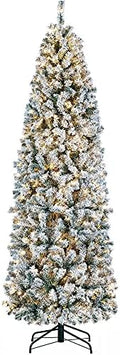 Yaheetech 7.5ft Pre-lit Snow Flocked Pencil Christmas Tree, Green & White