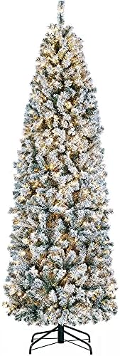 Yaheetech 7.5ft Pre-lit Snow Flocked Pencil Christmas Tree, Green & White