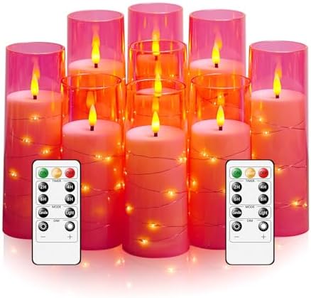 kakoya Flameless LED Candles with Timer 9 Pc Flickering Flameless Candles for Romantic Ambiance and Home Decoration Stable Acrylic Shell,with Embedded Star String，Battery Operated Candles(Pink)