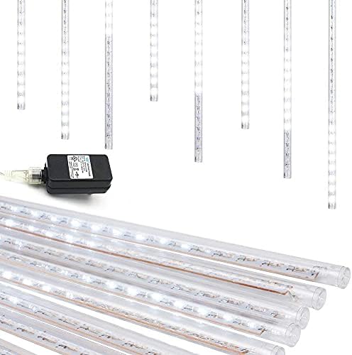Weepong Christmas Lights Outdoor UL Certified Meteor Shower Lights 12 Inch 8 Tubes 192 LED Falling Rain Drop Icicle Snow Cascading Light for Xmas Tree Wedding Party Garden Decoration, White