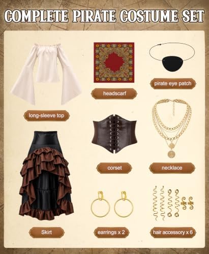 YOGFIT 14 Pcs Pirate Costume Women Set with Renaissance Pirate Shirt, Skirt, and Multiple Pirate Accessories