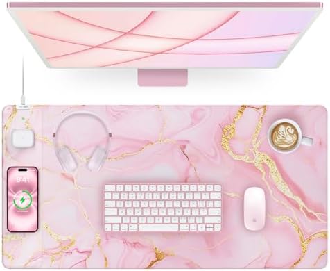 Pink Marble Mouse Pad with 15W Wireless Charging, 31.5"x15.8" in