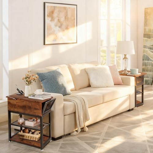 End Table with Charging Station, Flip Top Table with 8.4" Super Deep Drawer