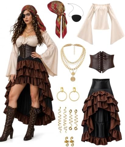 YOGFIT 14 Pcs Pirate Costume Women Set with Renaissance Pirate Shirt, Skirt, and Multiple Pirate Accessories