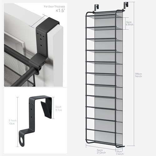 Whitmor 36 Pair Over the Door Shoe Rack,12 Tier Hanging Shoe Organizer with Metal Frame & Mesh Shelves, Heavy Duty Shoe Storage Holder for Door, 74" H x 21.7" W x 7.5" D, Matt Gunmetal