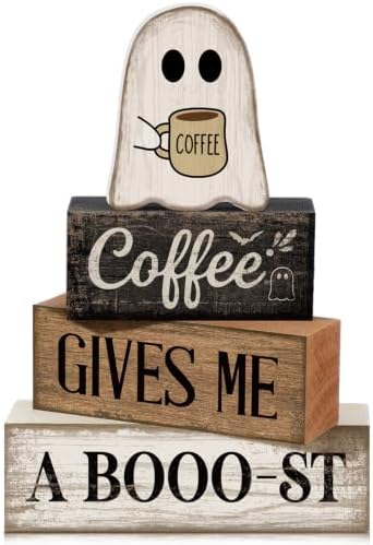 Lineshading 4 Pcs Halloween Tiered Tray Decor, Wooden Ghost Coffee Blocks