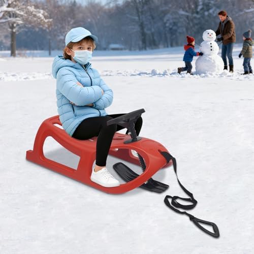 Snow Racer Sled, Ski Sled Slider Board with Steering Wheel,Single Rider Winter Sleigh Toboggan with Pull Rope, Snow Bike for Kids Age 3-15, Outdoor Snowmobile Racer 220lbs
