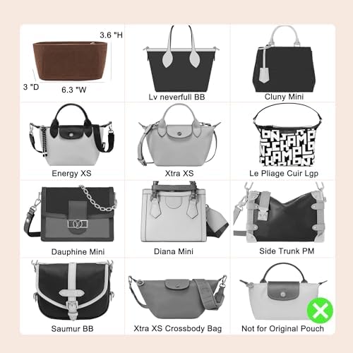 Doxo Small Purse Organizer Insert for Handbags, Felt Neverfull BB Organizer Insert,Mini Tote Bag Organizer with Zipper Pocket, Fit Neverfull BB Longchamp Xtra Energy S and More, Brown-XS