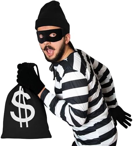 QZYL 12 PCS Robber Costume, Unisex Thief Cosplay Set T-Shirt Beanie Cap Gloves Eye Masks Money Bags for Halloween Costume