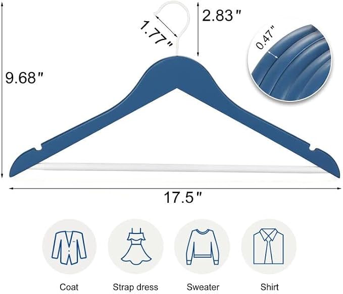 TOPIA HANGER Premium Wooden Hangers with Non-Slip Pant Bar, 360°Swivel Hook and Shoulder Notches, 16 Pack Solid Wood Clothes Hangers for Suit, Coat, Jacket, Camisole(Blue/White)-CT35BW1