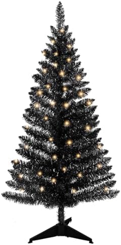 4ft Lighted Artificial Black Christmas Tree, Not Pre-lit Black Tinsel Pine Trees with Lights, Ideal for Ideal for Home, Office, and Xmas Party Décor - Includes Stand