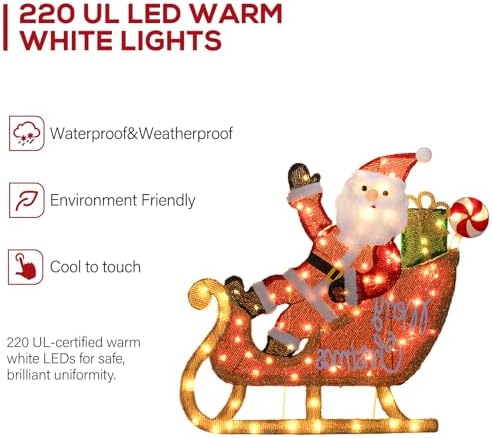 Hykolity 2.5D Santa Sleigh Ride Iron Outdoor Christmas Decoration, 170 Warm White LEDs with UL Transformer, Stained-Glass Fabric Figures Yard Decor