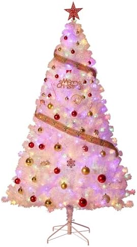 GarveeHome 6 ft Prelit Artificial Christmas Tree with 250 Warm White Lights, Pre-Lit Snow Flocked Pencil Christmas Tree, Foldable Base,Holiday Decoration for Home, Office, Party,Laser White