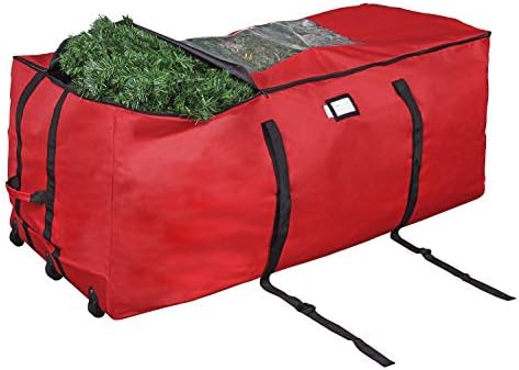 ProPik Rolling Christmas Tree Storage Bag, Fits Up to 9 Foot Tall Disassembled Trees, 25" X 25" X 60", Extra Large Heavy Duty Xmas Container with Wheels, Handles and Straps (Red)