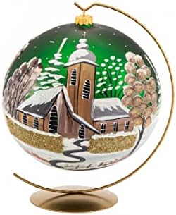 Hand Blown Glass Christmas Ornaments Ball, Chapel Green 8 in + Stand