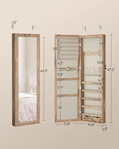 SONGMICS 6 LEDs Mirror Jewelry Cabinet, 47.2-Inch Tall, Lockable