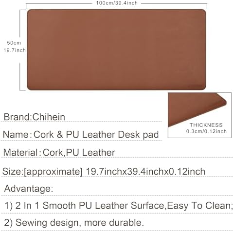 Chihein 39" x 20" 3XL Desk Mat with Cork & PU Leather, Dual Sided Desk Pad, Waterproof Computer Desk Mat for Gaming, Office, Home (Cork/Light Brown)