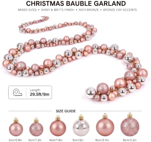 Sosation 29.5Ft Christmas Ball Ornament Garland, Gold, Glossy Matte Glitter