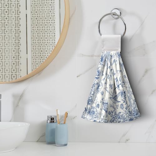 Blue Floral Bird Hanging Kitchen Towels Chinoiserie Vintage Flower Spring Summer Hand Towel with Loop Blue White Kitchen Tie Towels Dish Towel Set of 2 Soft Absorbent Hanging Bath Towel for Bathroom