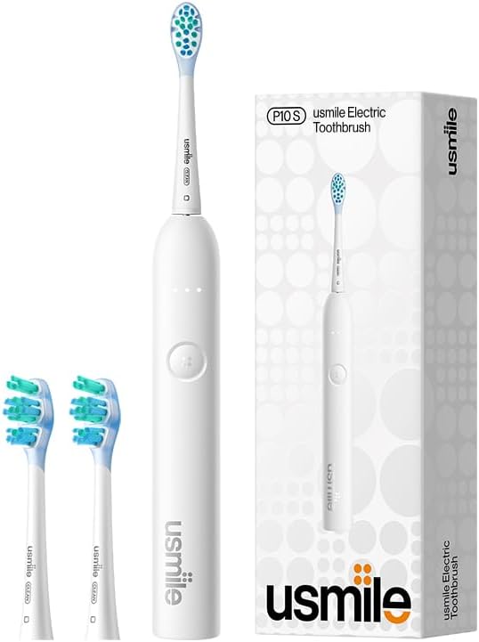 usmile P10S Sonic Electric Toothbrush – 3 Modes Deep Clean & Whitening, 180-Day Battery Life, Cushioned Gum-Care Brush Head for Sensitive Teeth, Smart Timer, 2 Brush Heads (White)
