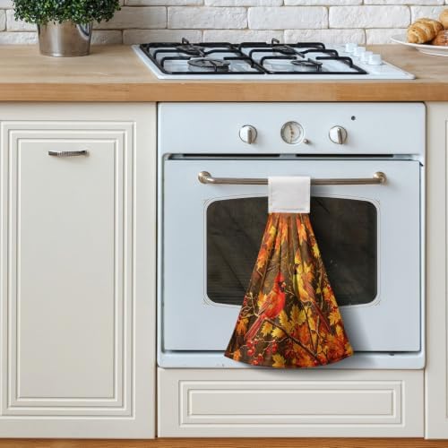 Fall Red Birds Hanging Kitchen Towels Autumn Thanksgiving Maple Leaves Hanging Tie Towels with Hanging Loop Soft Washcloth Bath Dish Towel for Bathroom Decor