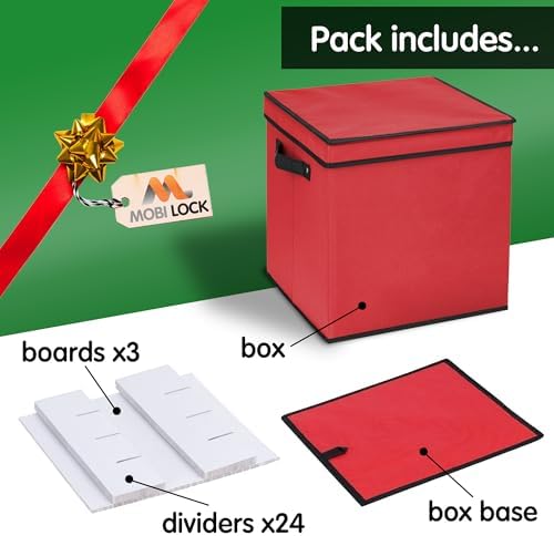 Mobi Lock Christmas Ornament Storage Box with Dividers - Holiday Ornament Organizer Bag - Holds 64 Balls - Durable Red Fabric Container, No Tray - Foldable Xmas Decorations Storage