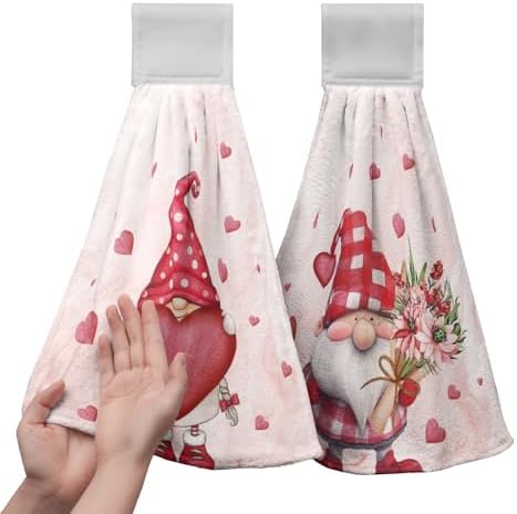 Valentine's Day Heart Hanging Kitchen Towels Romantic Gnome Bouquet Hand Towel with Hanging Loop Red Pink Love Dish Towel Soft Absorbent Fingertip Bath Towels for Bathroom Decor Set of 2